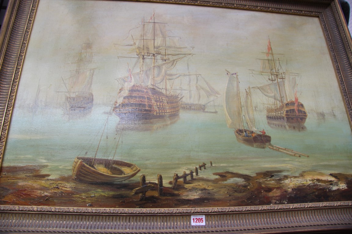 English School, galleons by shoreline, unsigned, oil on canvas, 59 x 90cm. - Image 3 of 4