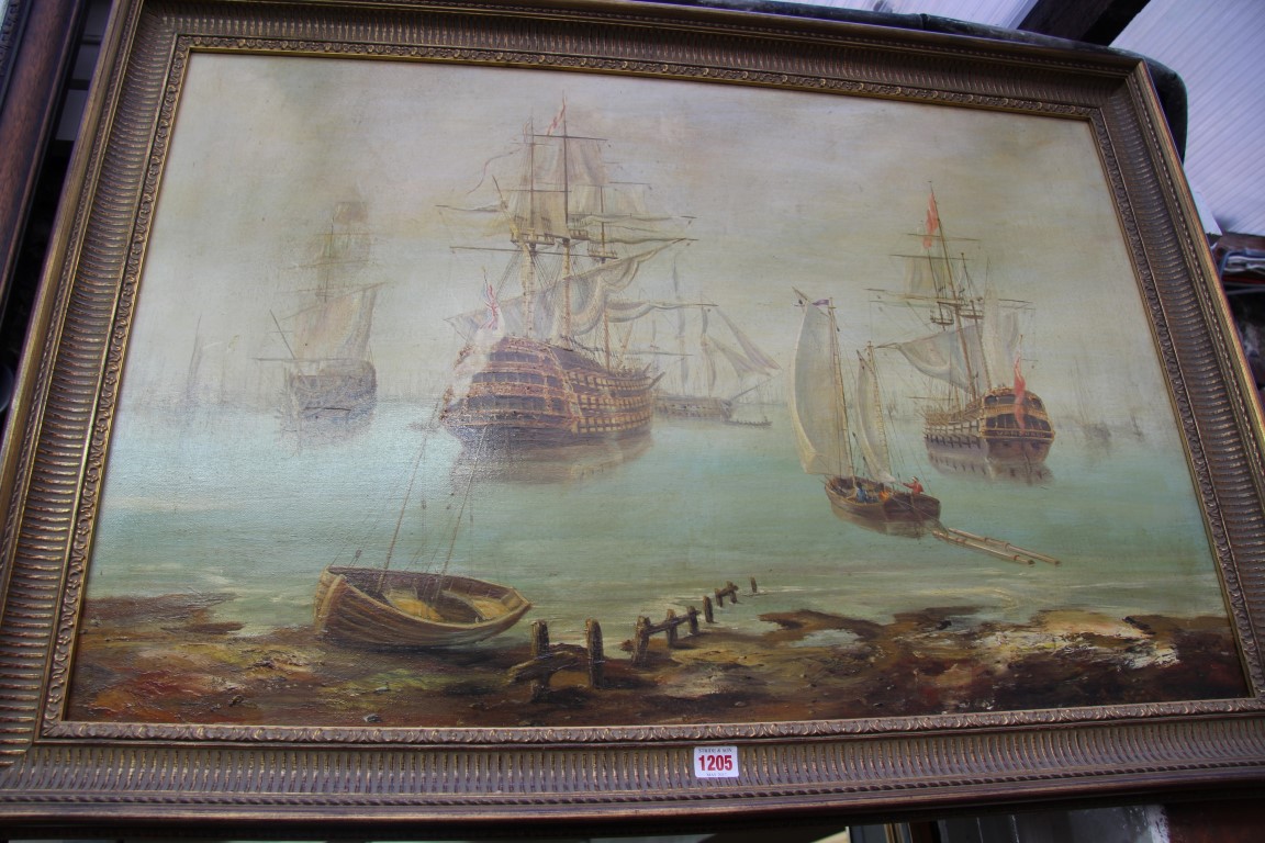 English School, galleons by shoreline, unsigned, oil on canvas, 59 x 90cm.