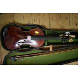 An old violin, with 13 inch back, cased and with two bows; together with another Chantry violin,