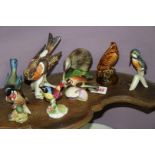 A collection of porcelain and pottery bird models,