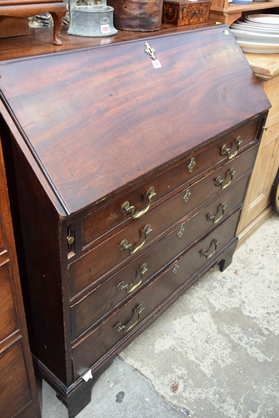 A George III mahogany bureau, 102cm wide. Condition Report: Condition O.K only.