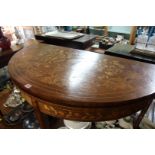 A late 18th century Dutch marquetry demi-lune tea table, with foldover top, 119.5cm wide.