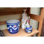 An Adams jasperware and silver mounted cream jug and sugar bowl;
