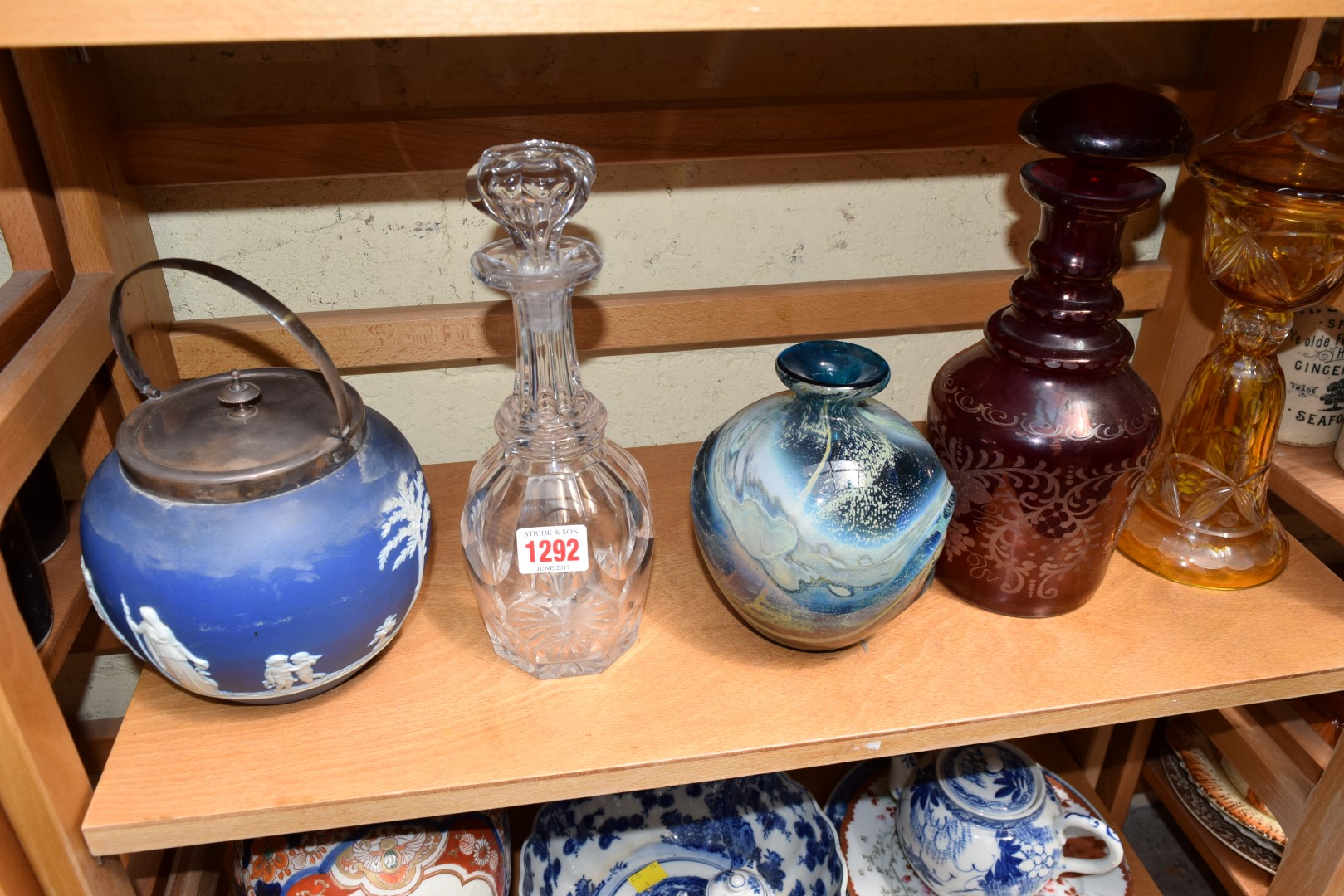 A Mdina glass vase; together with a clear glass decanter and stopper;
