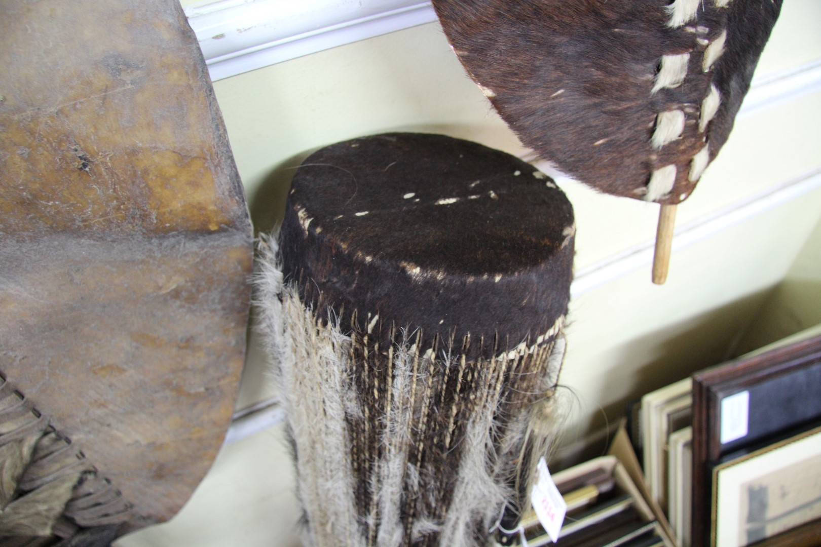 African: a skin drum; together with similar shield and spear, probably Zambia. - Image 3 of 7