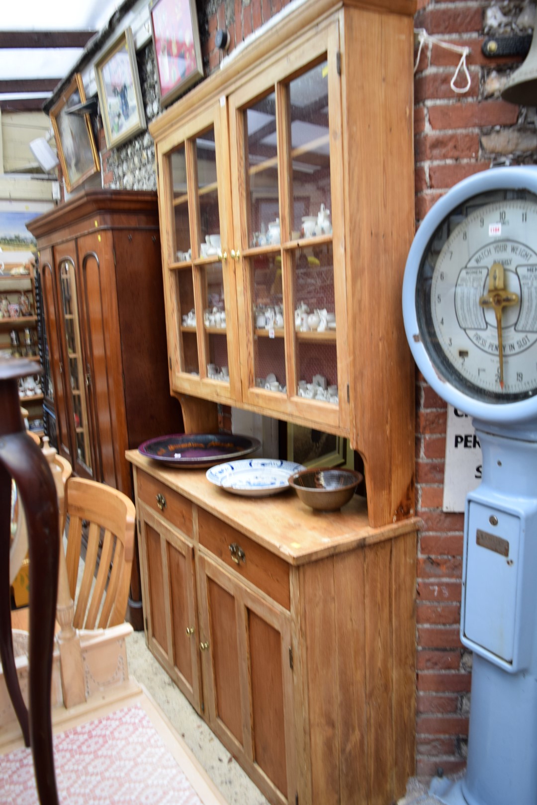 An old pine dresser and rack, 135cm wide.