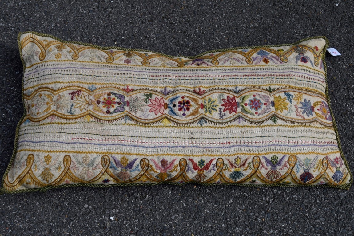 A crewel work cushion with stylised needlework decoration, 92 x 49cm. - Image 4 of 8