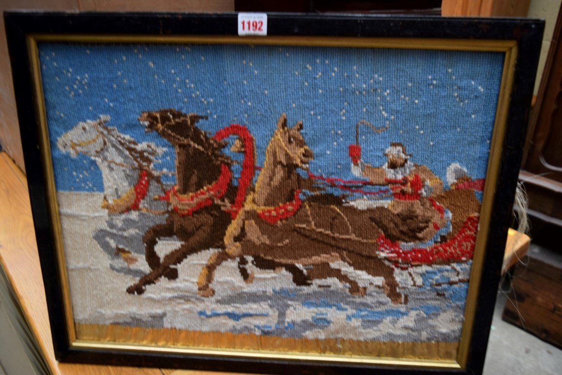 A tapestry of a horsedrawn sleigh, probably Russian, 37 x 53cm. - Image 4 of 9