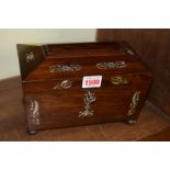 A 19th century rosewood and mother of pearl sarcophagus tea caddy, 22.5cm wide.