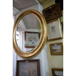 A gilt framed oval wall mirror, 85 x 66cm.