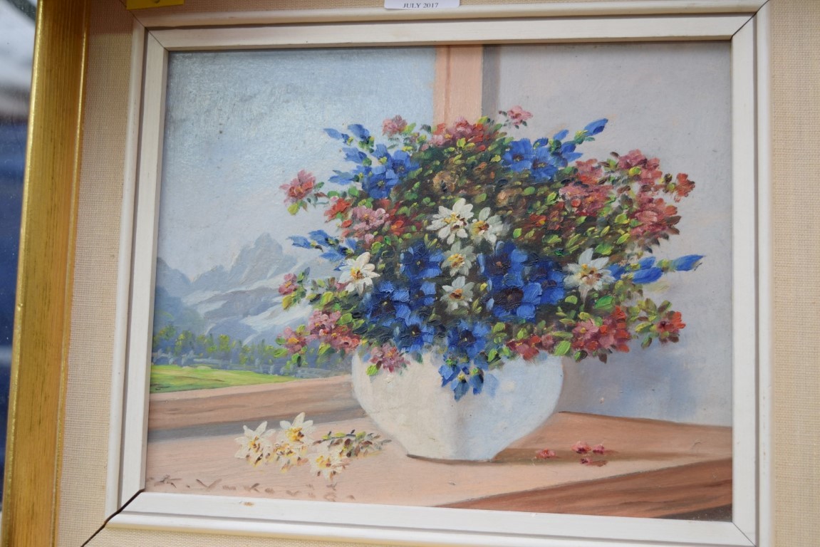 Karl Vukovic, still life of flowers in a vase, signed, oil on board, 18.5 x 23.5cm. - Image 3 of 8