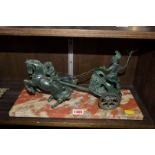 A verdigris bronze chariot figure group, on marble base, the group 30cm long.