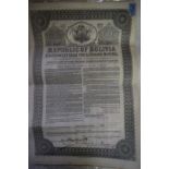 Scripophily: ten Republic of Bolivia 1872 £100 Government Loan Bond Certificates.