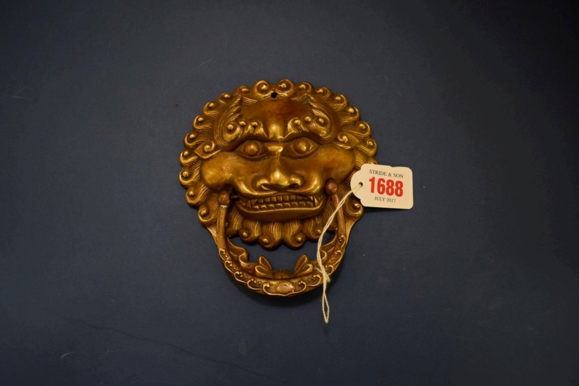 A Chinese gilt bronze lion mask door knocker, 13.5cm wide. - Image 3 of 8