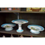 Three Victorian porcelain comports, each painted with a landscape scene.