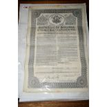 Scripophily: eight Republic of Bolivia 1872 £100 Government Loan Bond Certificates.