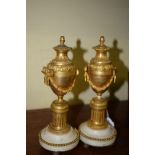 A pair of Louis XVI style gilt metal and marble cassoulettes, 22cm high.