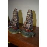 A pair of painted cast brass ship bookends, inscribed 'Iron Barque Macquarie',