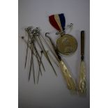 Medals: an Edward VIII coronation medal; together with hat pins etc.