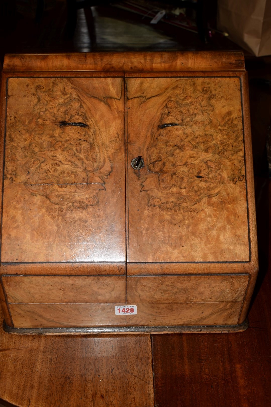 A 19th century burr walnut stationary casket, 36.5cm wide.