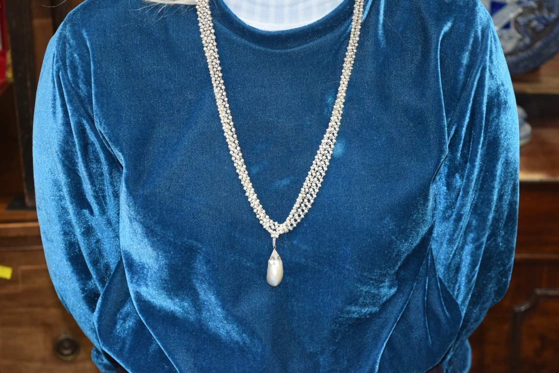 A large Baroque pearl in a mine cut diamond set mount on an associated four strand freshwater pearl - Image 11 of 19