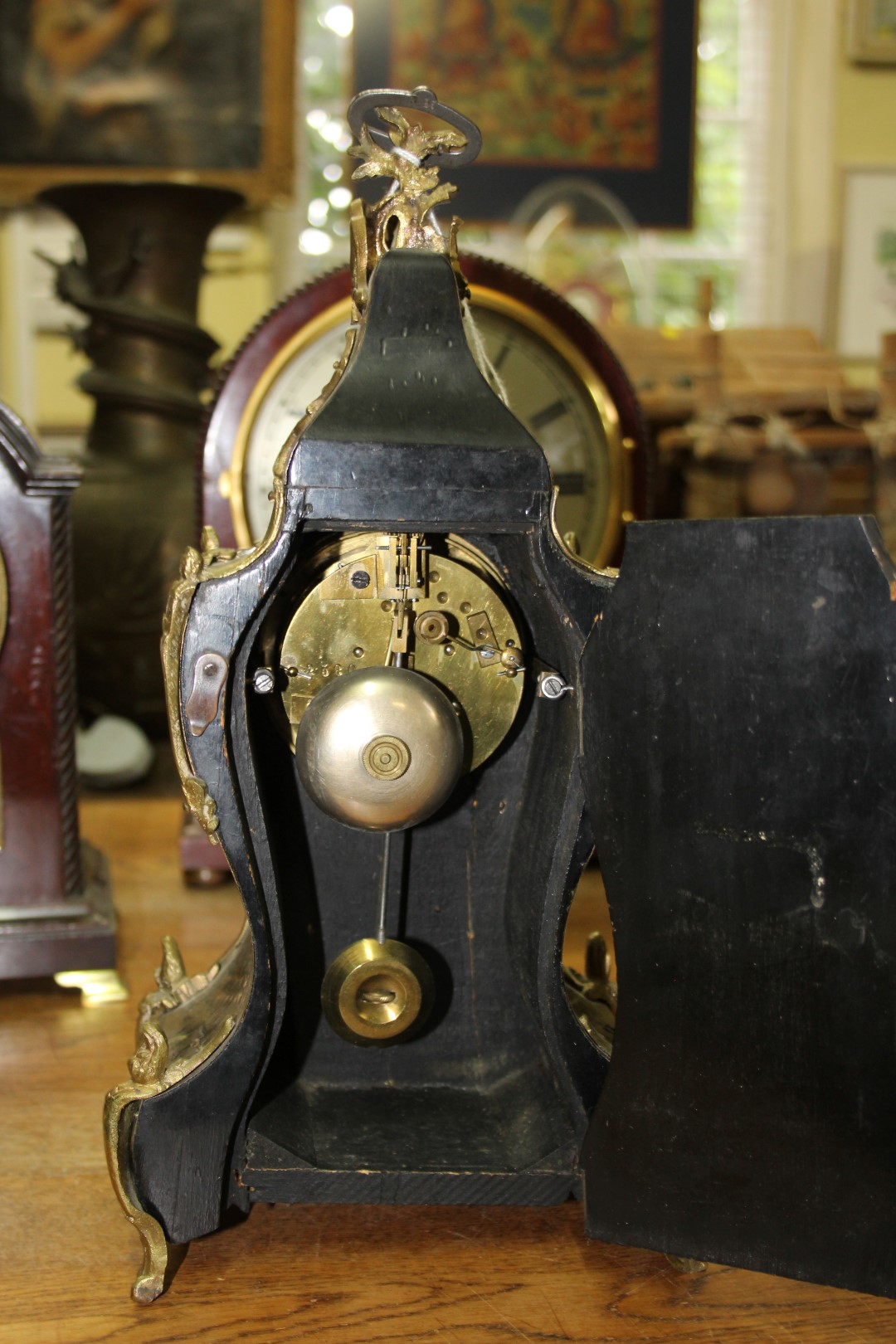 A late 19th century, Louis XVI style, tortoiseshell boulle mantel clock, 35.5cm high. - Image 4 of 4