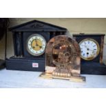 Two slate mantel clocks; together with another mantel timepiece.