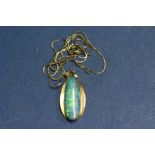 A teardrop opal doublet set in an unmarked mount; together with a 9k gold fine chain, 1.6g.