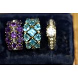 Three 9ct gold gem set dress rings.