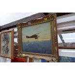 Douglas Ettridge, a Byplane in flight, oil on canvas board, 29.5 x 36cm.
