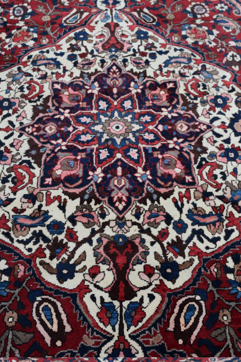 A Persian 'Bakhtiari' carpet, with large central floral medallion on a red floral field, - Image 8 of 8