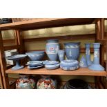 A collection of fourteen items of Wedgwood pale blue jasperware.