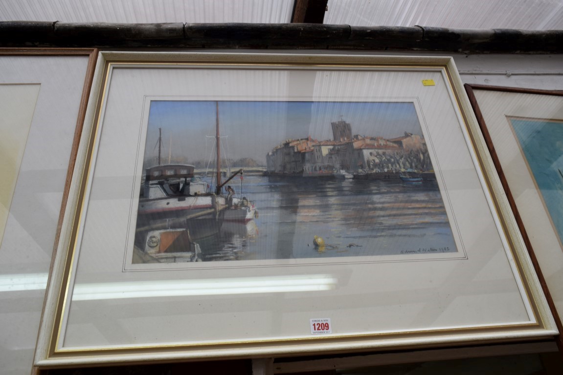 Ed... Nel..., a Continental harbour, indistinctly signed and dated 12983, pastel, 33 x 53cm.