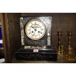 A Victorian slate and marble mantel clock, with bell strike, 28.5cm high.