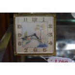 A late 1920s Swiss easel back timepiece, the square dial painted with a landscape, signed Tane,