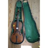 A antique Continental violin, with 14in walnut back, cased.