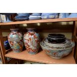 A pair of Japanese Imari vases, 26cm high; together with three Chinese famille rose bowls,