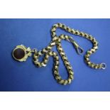 A 9ct gold watch chain having attached swivel seal set carnelian and bloodstone, 39cm.