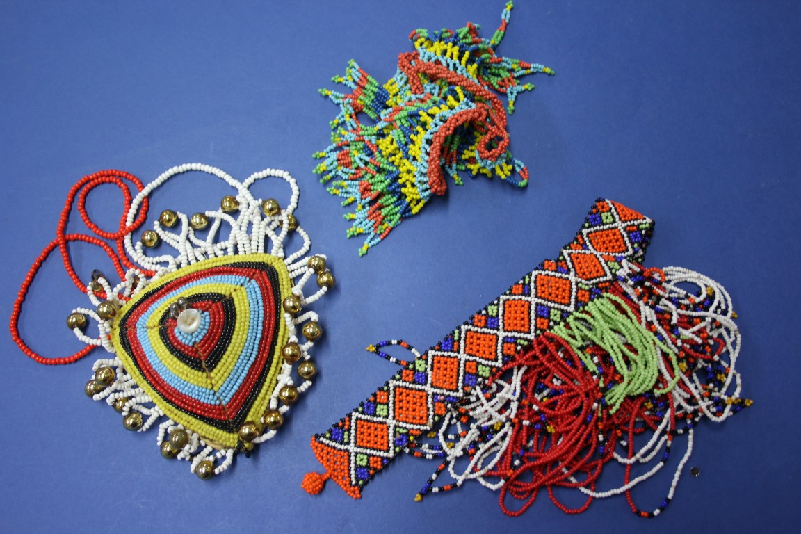 Two South American decorative bead work necklaces; together with another similar item. - Image 2 of 6