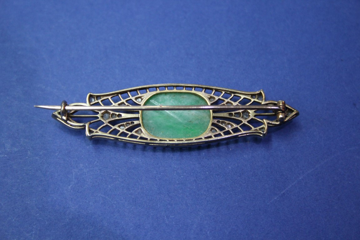 An Edwardian unmarked brooch set cabochon jade and mine cut diamonds. - Image 5 of 5