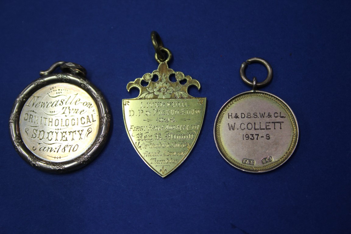 A 9ct gold 1896 Liverpool Pigeon Show medal, together with two further gold medals.14g.