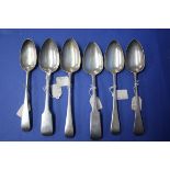 Six various Georgian silver table spoons, 404g.