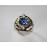 An Art Deco gold, platinum, sapphire and diamond ring,