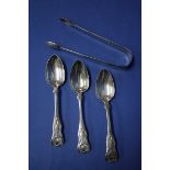 A pair of Georgian silver sugar nips; together with three Scottish provincial tea spoons, by G T.