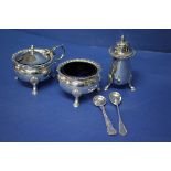 A silver three piece condiment set, by Mappin & Webb, Sheffield 1969,