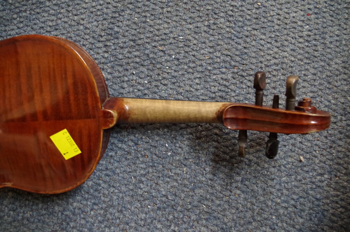 An early 20th century German violin, with 12 1/2in back, with bow and case. - Image 5 of 7