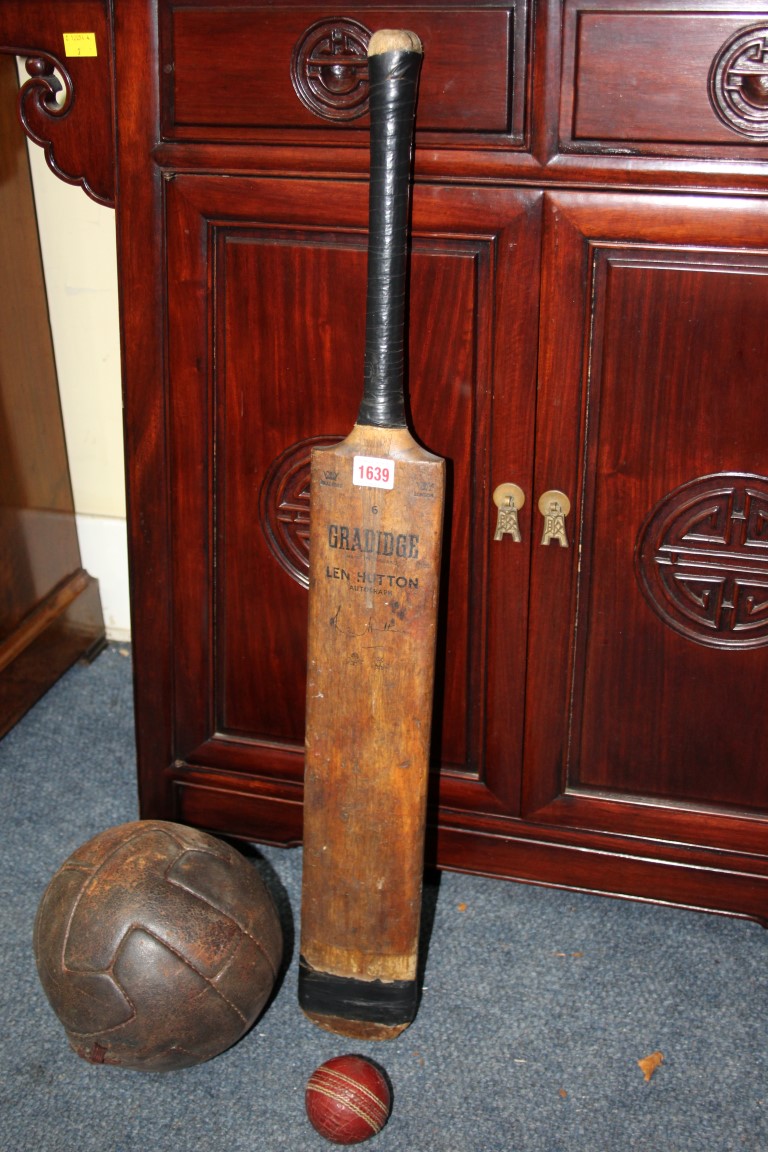 A vintage Gradidge cricket bat; with cricket ball; and vintage stitched leather football. - Image 2 of 9