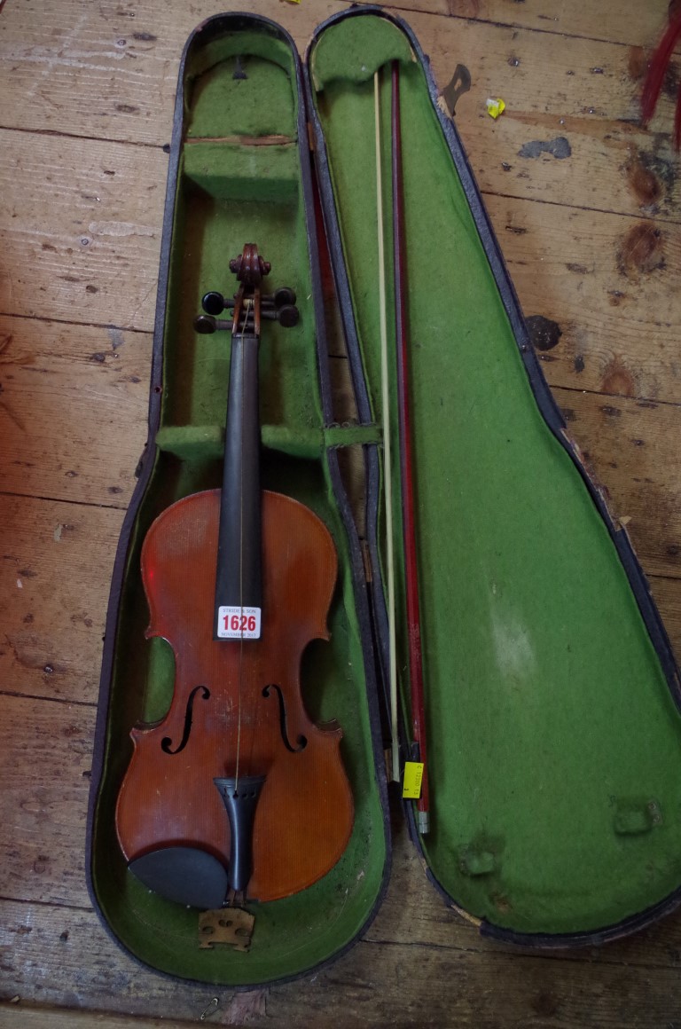 An early 20th century German violin, with 12 1/2in back, with bow and case.