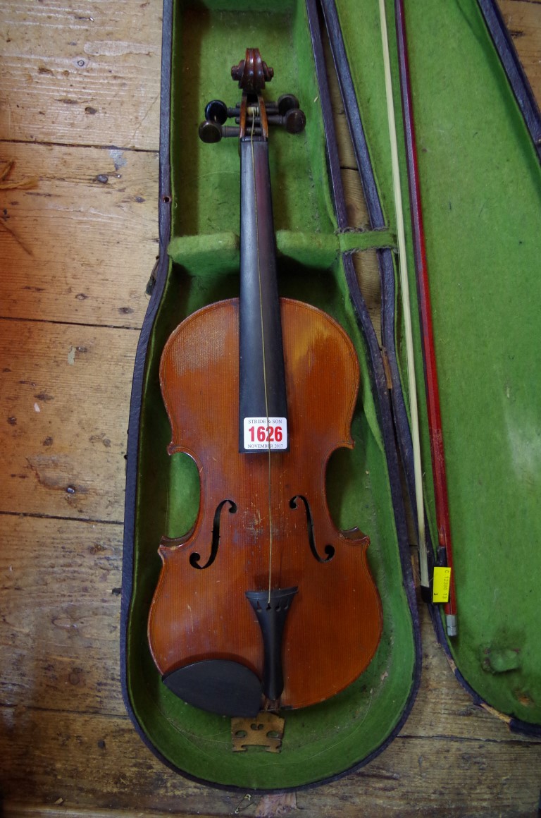 An early 20th century German violin, with 12 1/2in back, with bow and case. - Image 2 of 7