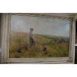 Ernest Welbourn, mother and child in a flower meadow, signed, oil on board, 39.5 x 60cm.